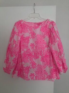 Lilly Pulitzer Pink Tropical Print 3/4 Sleeve Cotton Blouse